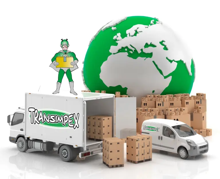 Grafik der Logistikfirma TRANSIMPEX mit einem LKW, einem Kleintransporter, zahlreichen Paketkartons, einem Globus und einer Comic-Superhelden-Figur namens T-Mann mit Paket.