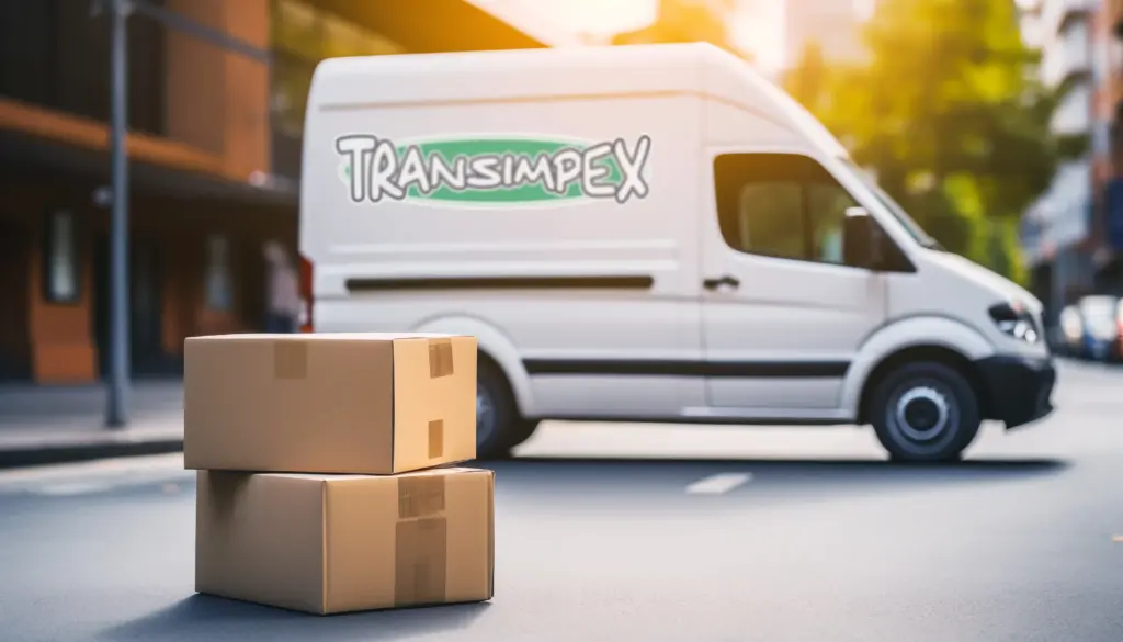 Weißer Lieferwagen mit Transimpex-Logo neben gestapelten Paketen.